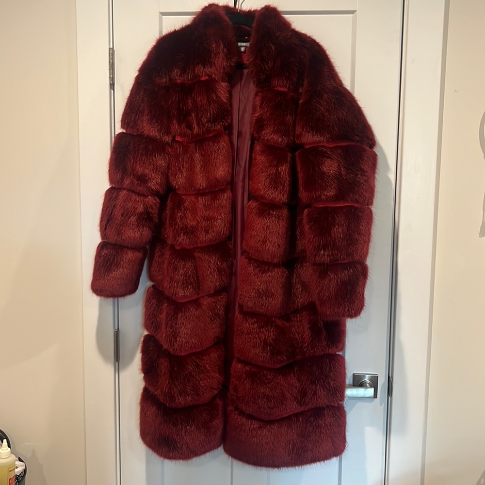 Burgundy Red Faux Fur Long Trench Coat | Missguided